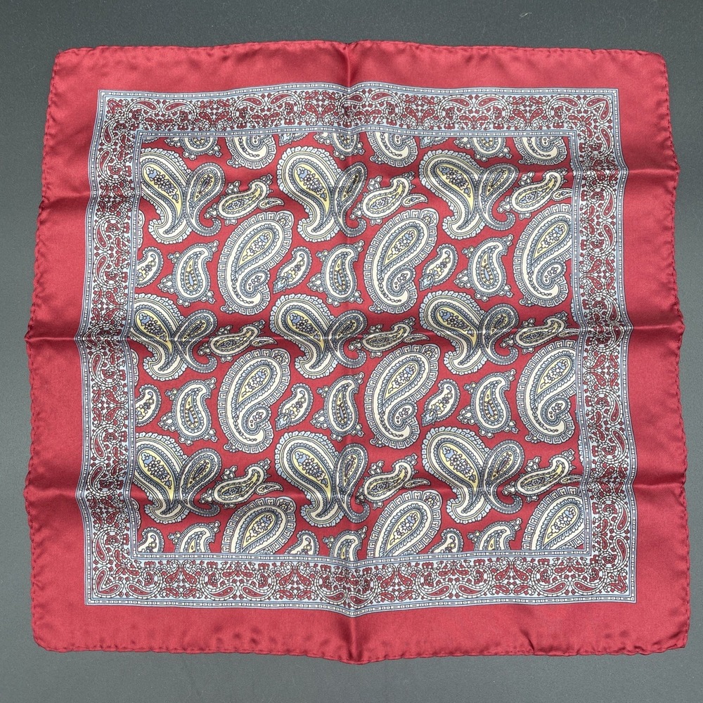 Vintage John Henry Red Navy Blue 100% Silk Italian Paisley Pocket Square 13.5"